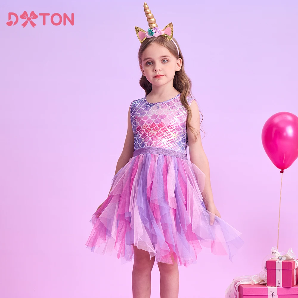 

DXTON Summer Sleeveless Dresses For Girls Irregular Tulle Kids Princess Dress Mermaid Party Prom Toddler Children Costumes 3-12Y