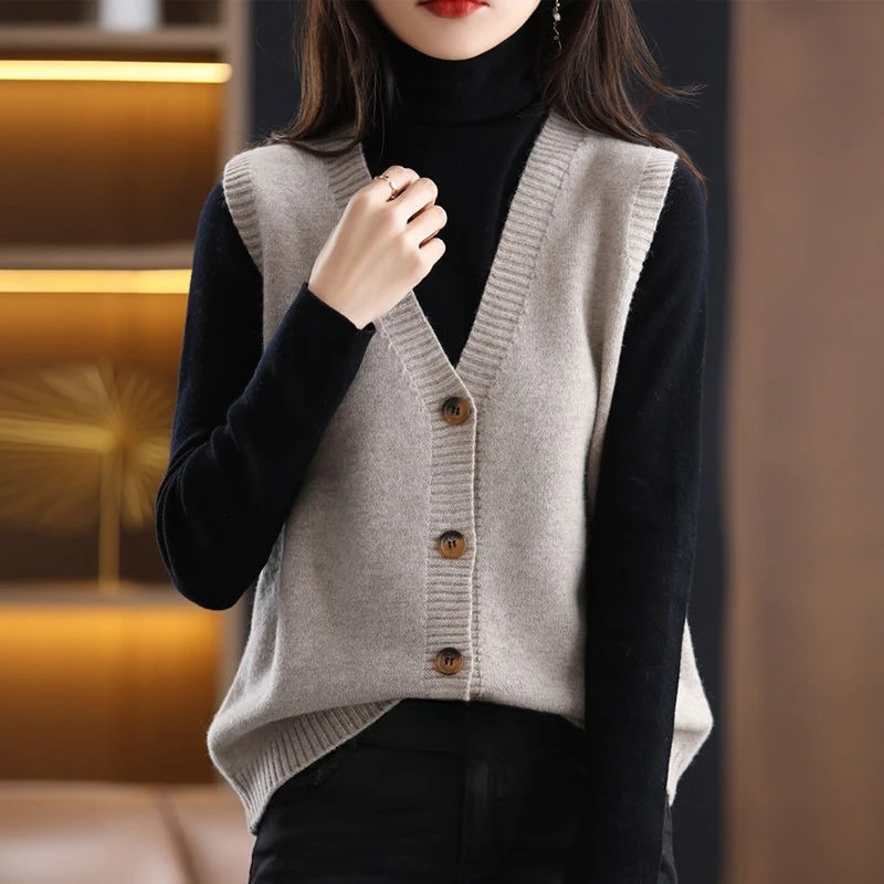 

Sleeveless Single Brested Knit Sweater V Neck Vest Woman Tops Knitwear Vintage Female Spring Autumn Casual Jumper Jacket Tank