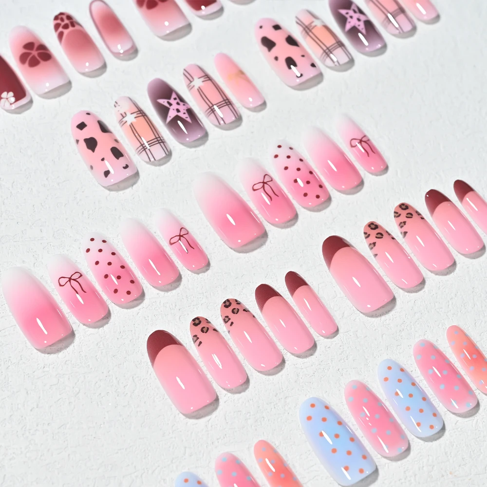150Pcs Pink Blue Ombre Leopard Polka Dot Fake Nails French Tips Almond Press On Nail Cute Grid Bow Flower Design Flase Fingertip view 3