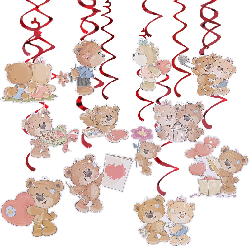 12Pcs Cartoon Bear Spiral Swirl Hanging Garland For Valentine's Day Wedding Anniversary Party Decorations