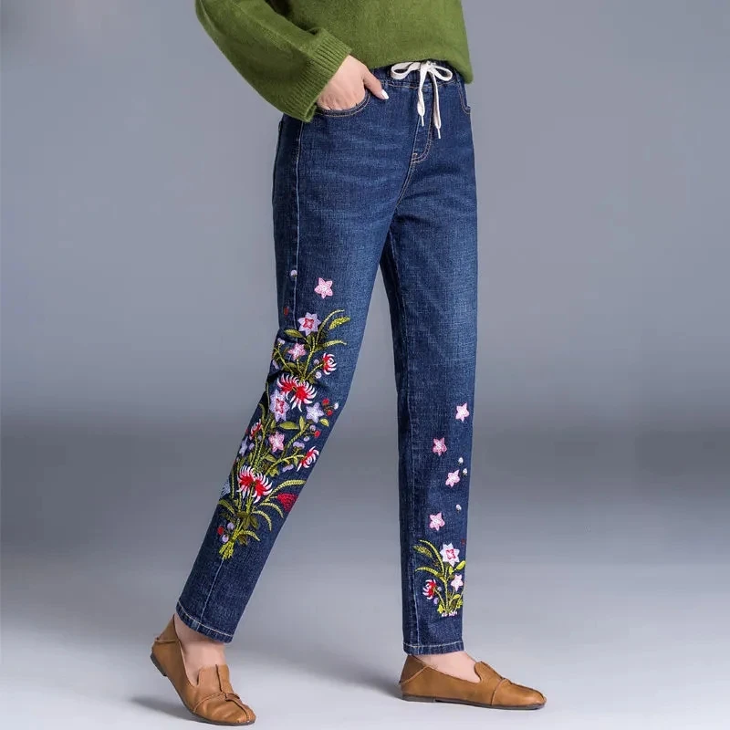 Lace Up Floral Embroidery Harem Jeans Women Streetwear Elastic High Waist Denim Pants Korean Vintage Casual Chic Kot Pantolon