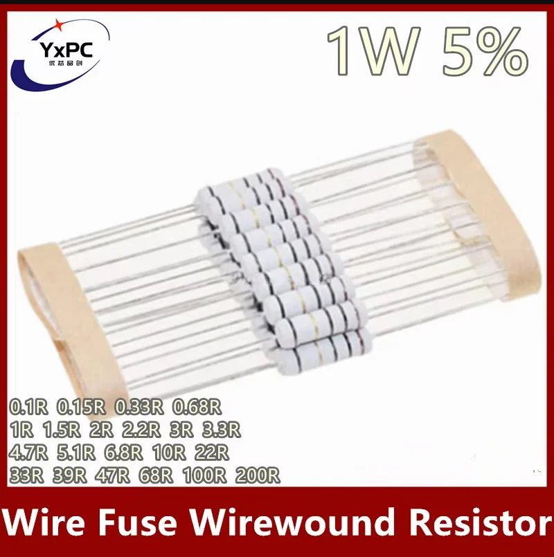 

20pcs Wire Fuse Wirewound Resistor 1W 5% 0.1R~200R 0.15R 0.33R 0.68R 1R 1.5R 2R 2.2R 3R 3.3R 4.7R 6.8R 10R 22R 33R Resistance