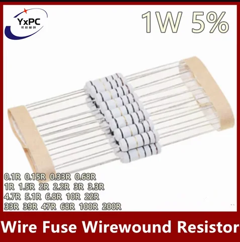 20pcs Wire Fuse Wirewound Resistor 1W 5% 0.1R~200R 0.15R 0.33R 0.68R 1R 1.5R 2R 2.2R 3R 3.3R 4.7R 6.8R 10R 22R 33R Resistance