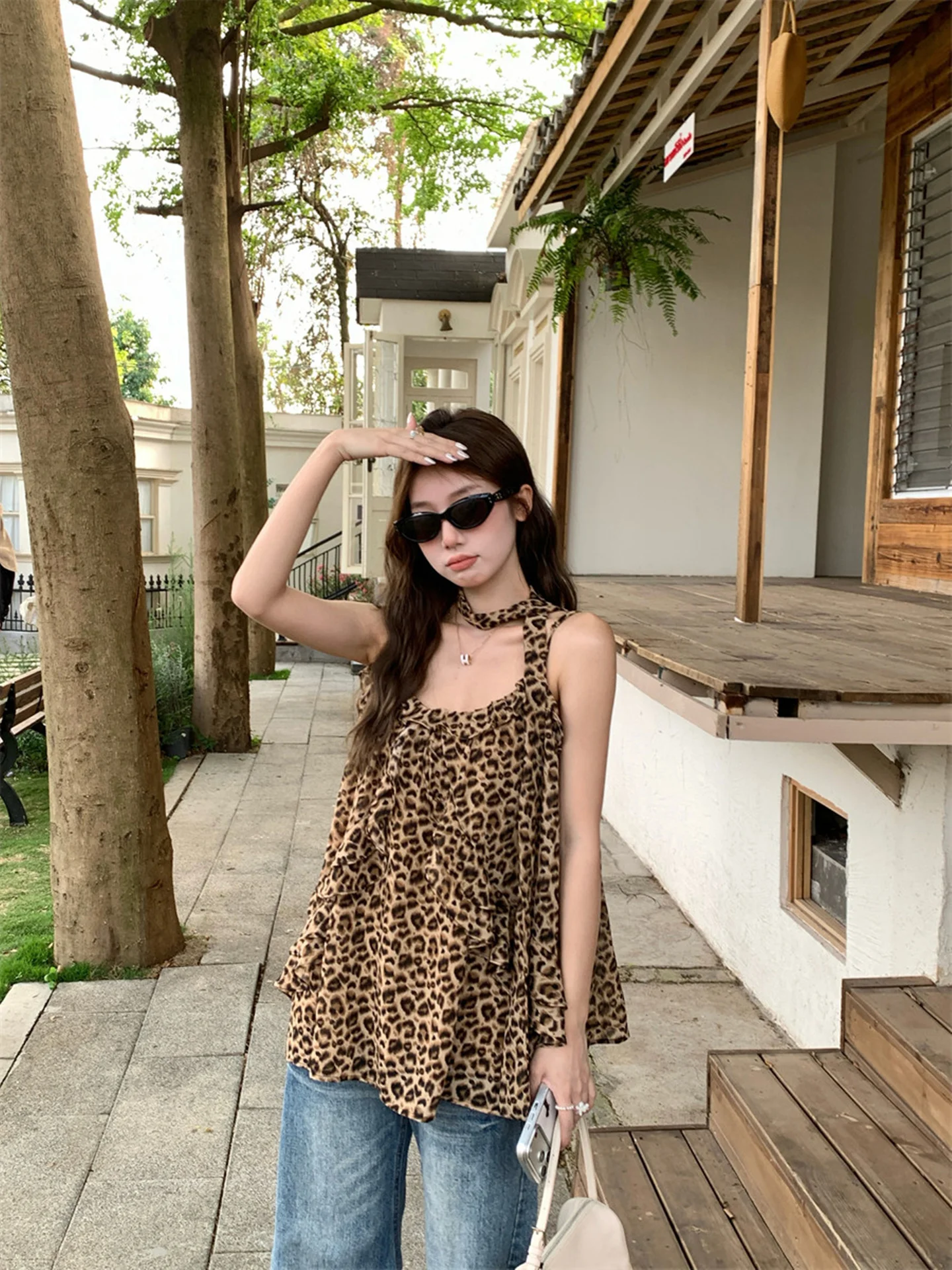 American Style Hot Girl Checkered Sash Vest Women's Summer Design Vintage Lace Hem Loose Top Leopard Print Breathable Outerwear
