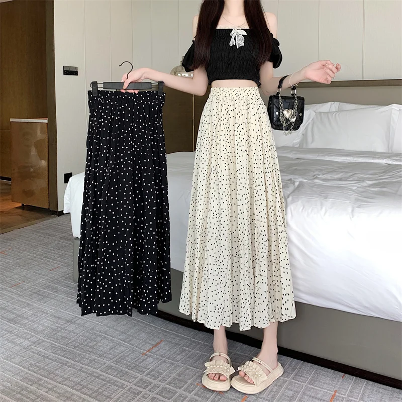 

Black Polka Dot Chiffon A-Line Skirt Women's Midi High Waist Slimming Hip Covering Umbrella Skirt Small Size Pleated ...