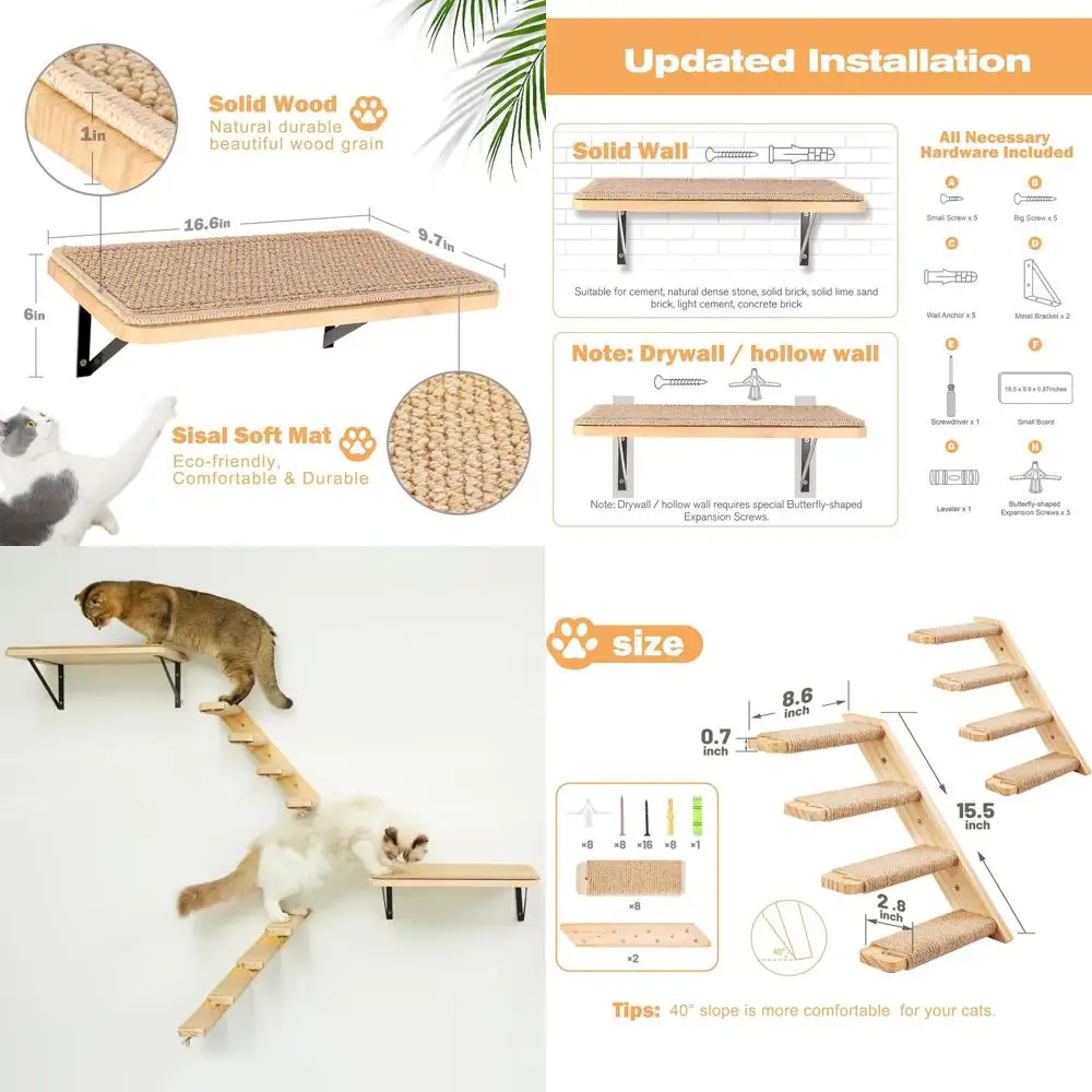

Dual-Tier Cat Wall Shelves and 4-Step Ladder with Scratching Posts for Play, Rest, and Climbing