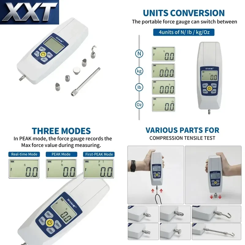 XXT SHAHE Digital Force Gauge Push Pull Gauge Portable Force Meter with Units N/LB/Kg/Oz for Quality Control & Material