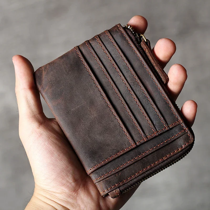 Handmade Vintage Crazy Horse Leather Mens Designer Wallet Slim Zipper Coin Bag ID VIP Credit Card Holder Small Simple Pouches