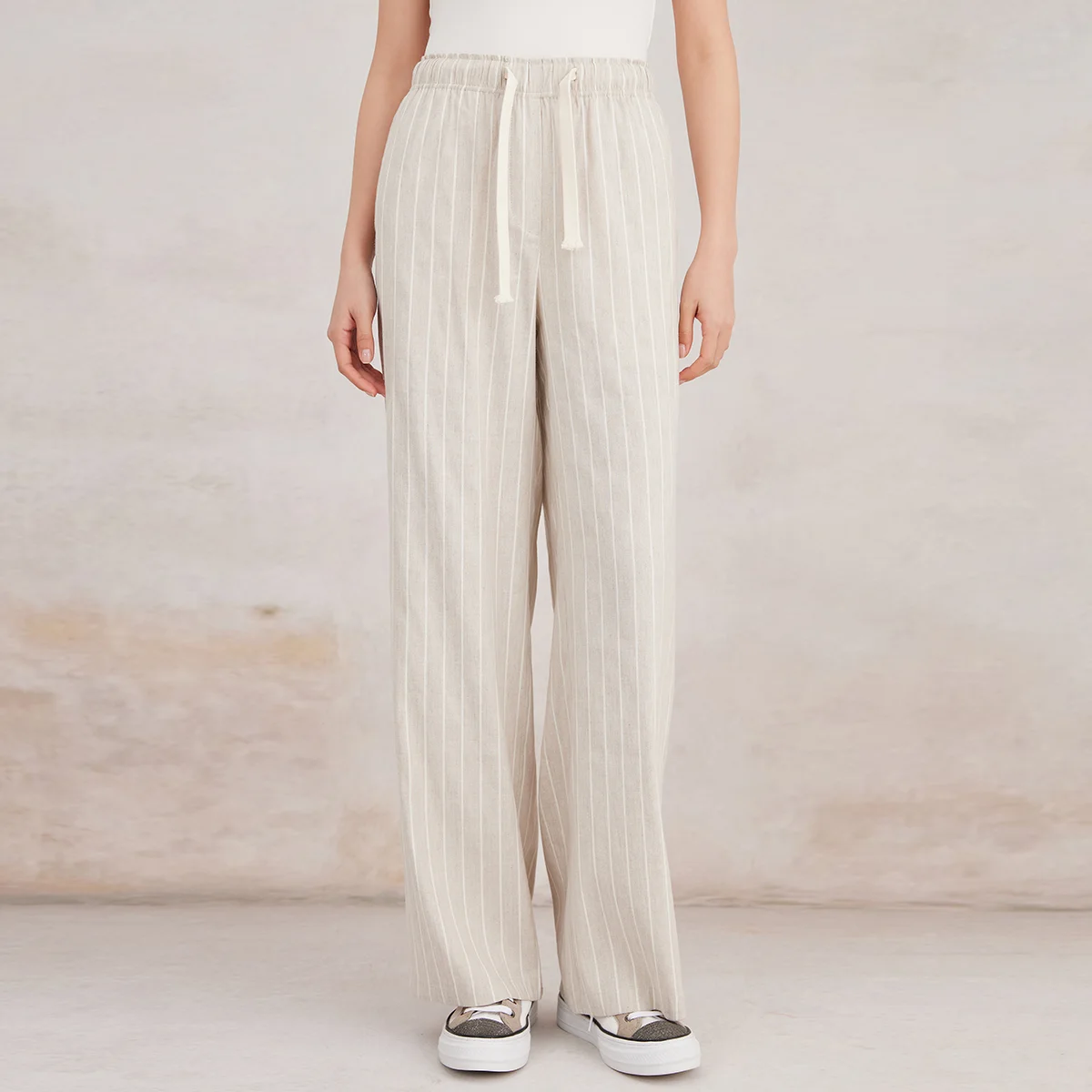 

K3079W Women's Linen Blend Wide Leg Trousers Chic Contrast Waistband High Rise Pants