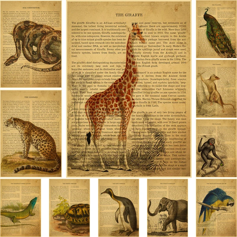 

ANIMALS,dictionary Vintage Posters Bird Giraffe Elephant Kraft Paper Art Painting Home Mural Wall Decor for Room Bar Cafe