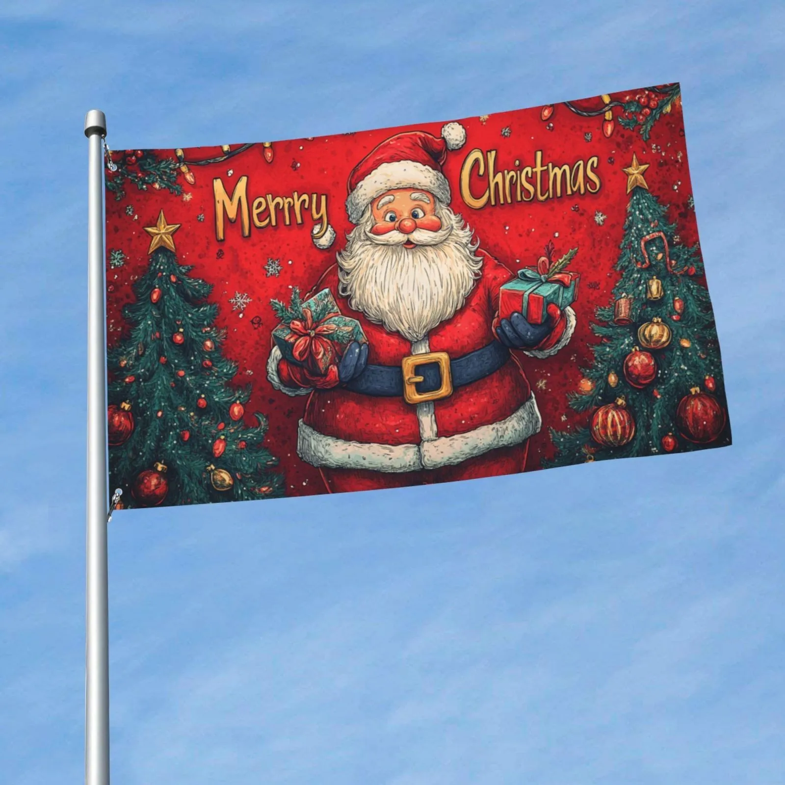 Christmas Banner Featuring Santa Claus And a Christmas Tree Design Designed for Single-Sided Hanging
