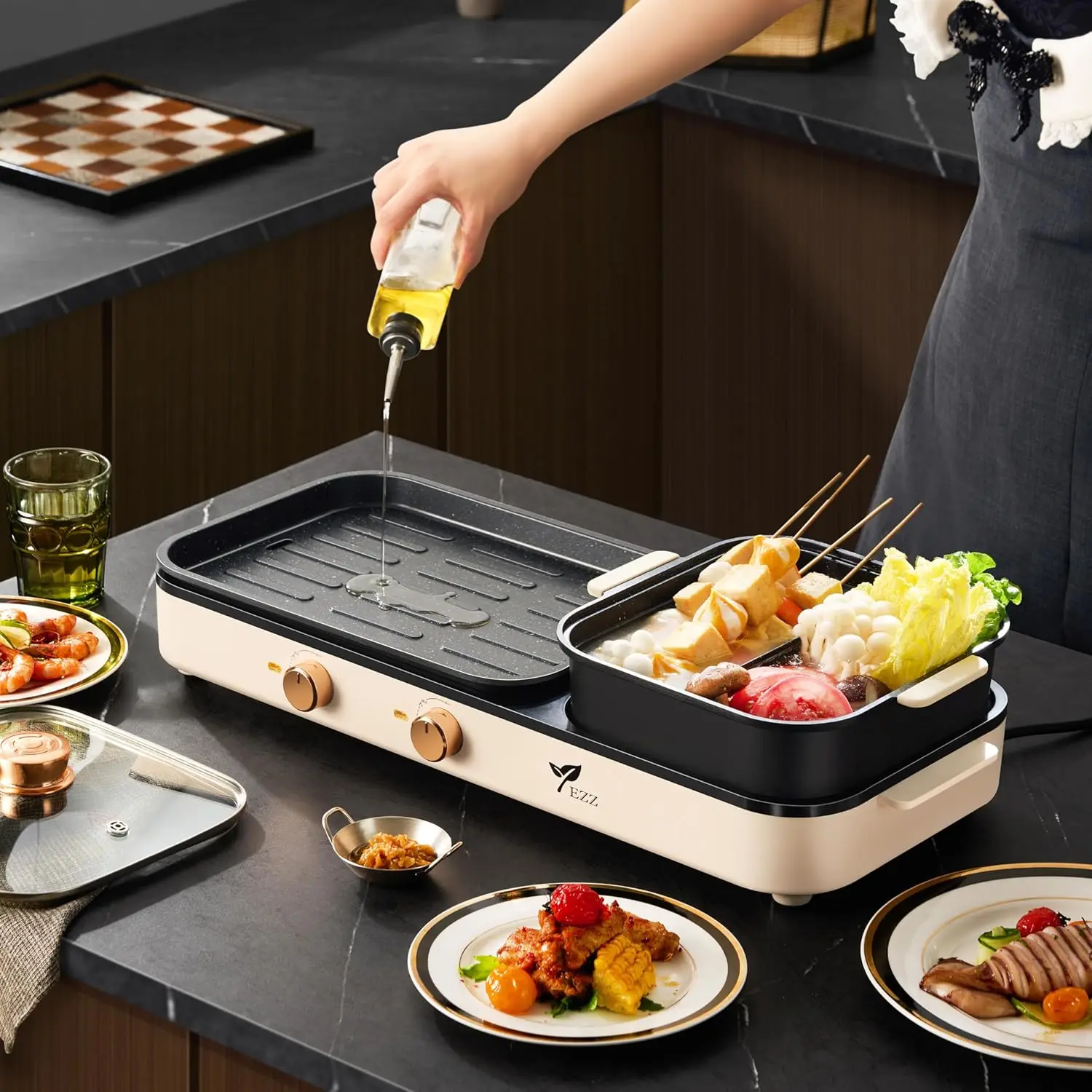 Elektrische Hete Pot Met Grill, Hete Pot Binnenshuis 2 In 1 Multifunctionele Rookloze Shabu-Shabu Hotpot Koreaanse Bbq Grill Sudderen, Apart