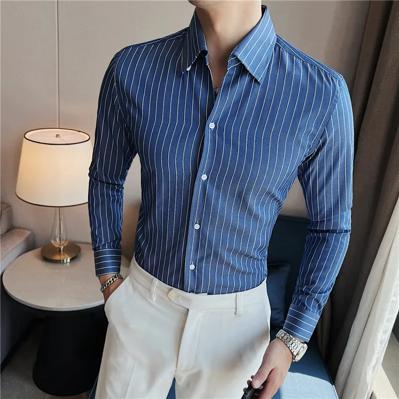 British Style Slim Fit Striped Shirts Mens Long Sleeved Business Formal Shirts Streetwear Formal Social Party Clothing Hommes