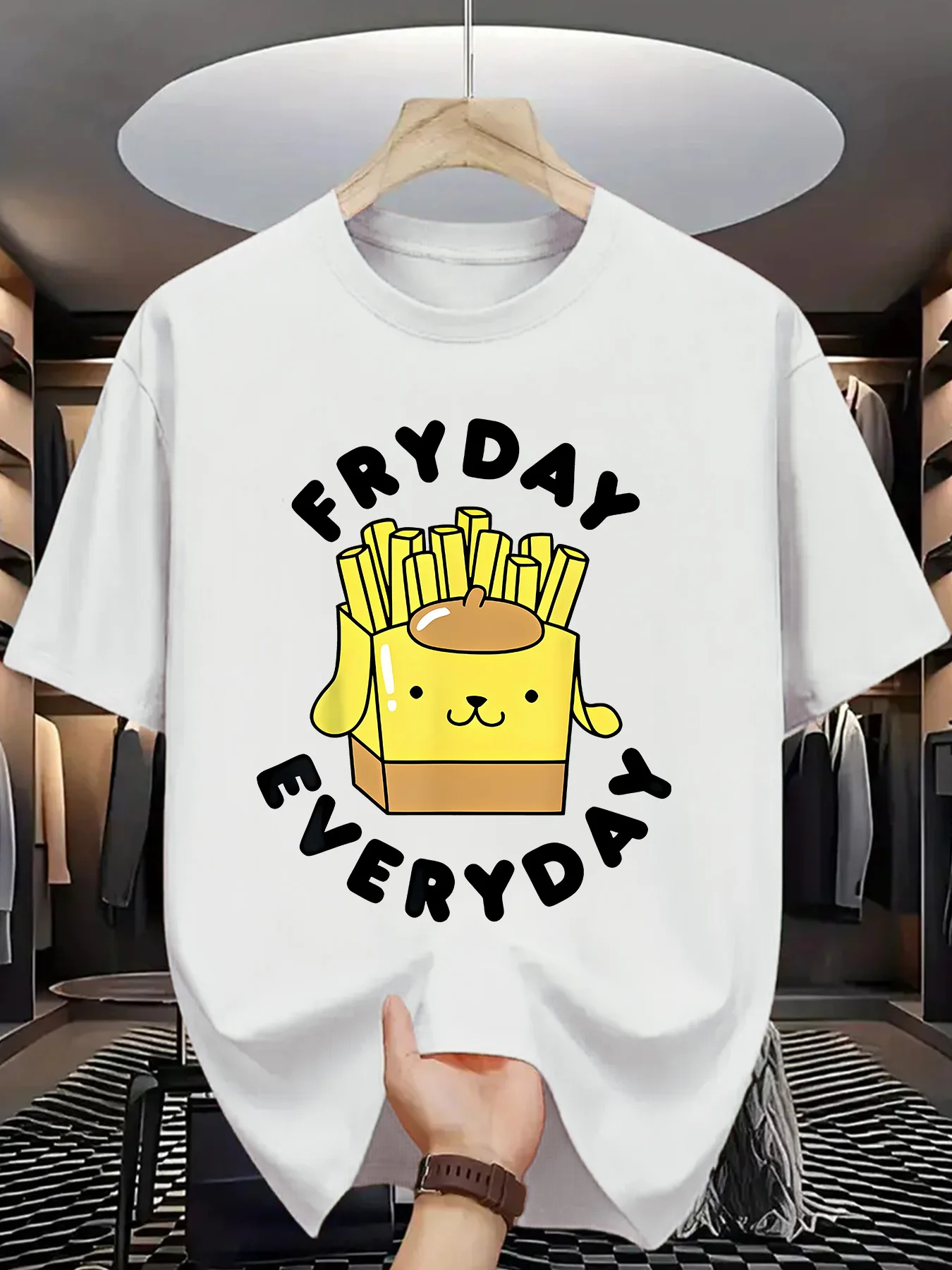 Cartoon Fries Dog Print Men Short Sleeve Tshirt Fryday Everyday Food Slogan O Neck Tee Lovely Snack Male Street Fashion Tops