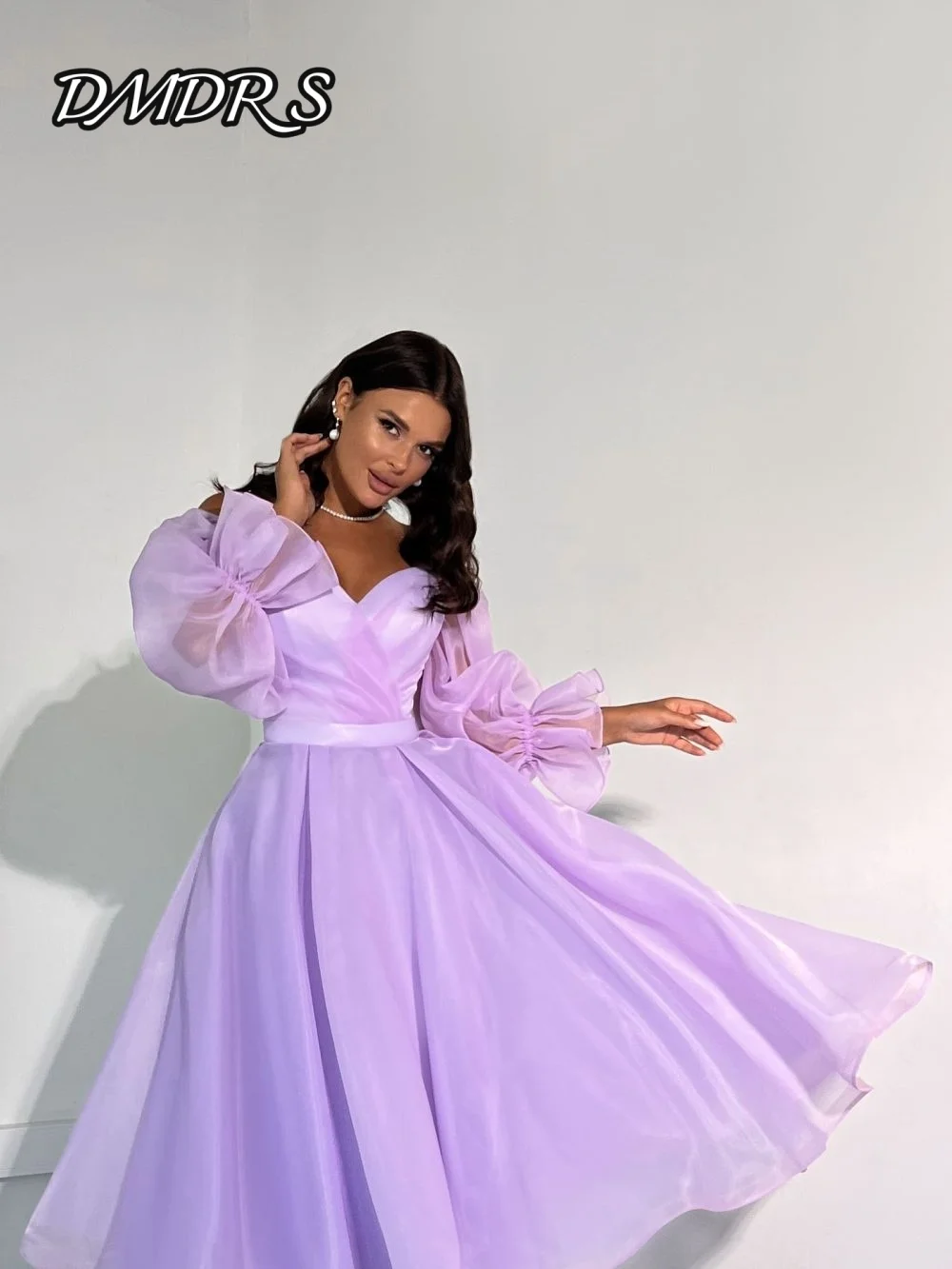 

Elegant Long-sleeved Evening Dress Charming V-neck Party Gown Classic A-Line Tulle Floor-Length Party Dresses فساتين سهرة