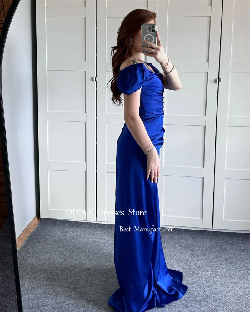 OLOEY Royal Blue Satin Evening Dresses Arabic Women Off Shoulder Satin Pleats Long Prom Gowns Formal Occasion Party Dress