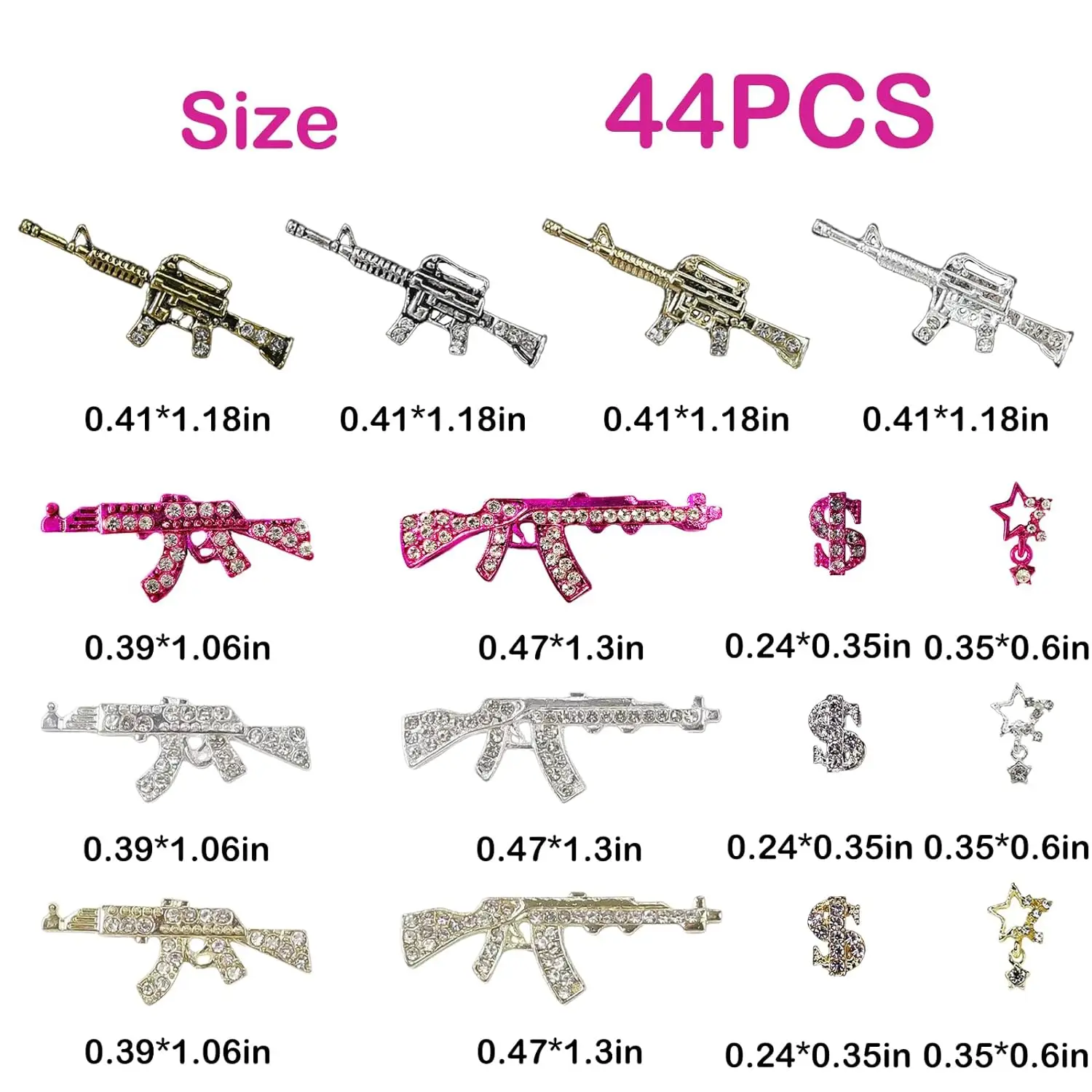 44 pçs arma prego encantos arte do prego strass, ouro prata rosa liga arma sinal de dólar estrela decoração do prego para unhas acrílicas, je