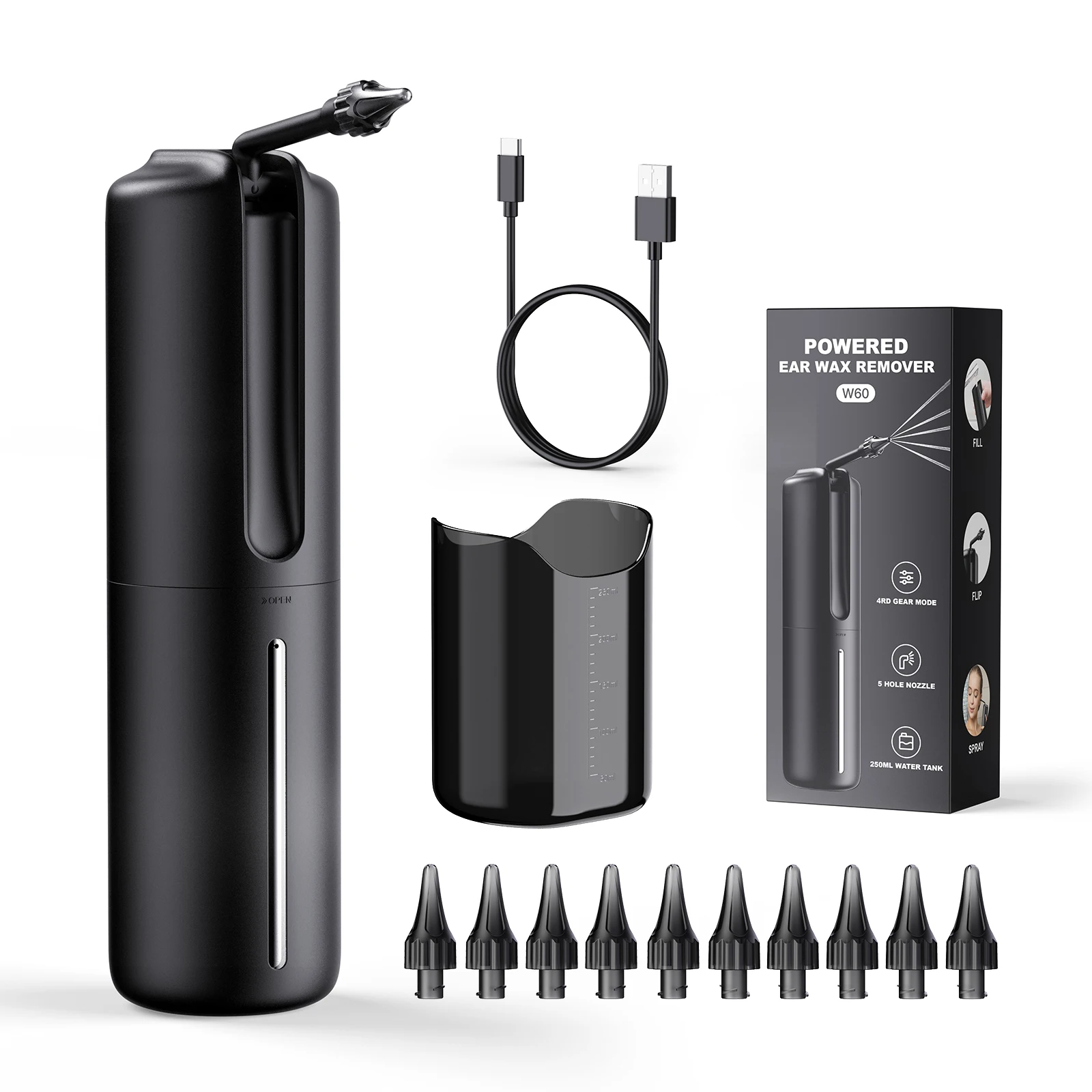 Wholesale W60 Electric Ear Cleaning Kit 4 Pressure Modes Ear Cleaner for Adults Kid 250ml IP67 Waterproof Black Color 10pcs Ear