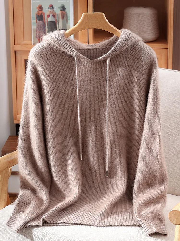 TLOML Maglione da donna in cashmere visone 100% pullover con cappuccio autunno inverno morbido caldo sciolto visone cashmere maglieria stile casual top