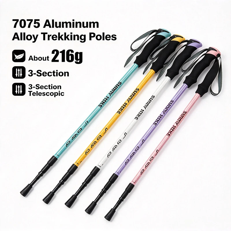 7075 Aluminum Trekking Poles Ultralight 3 Section Hiking Staff with Internal Lock for Camping Mountaineering