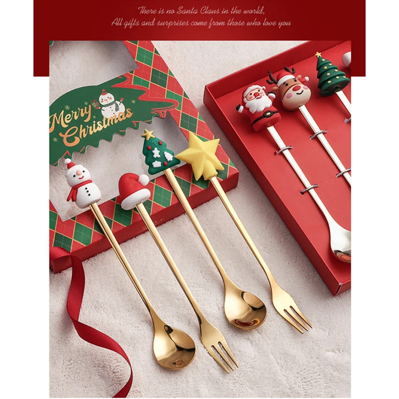 Clearance! Christmas Spoon and Fork Set 6 Pcs Stainless Steel Cartoon Decoration Dessert Coffee Spoon Fruit Fork Cutlery Gifts