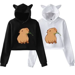 Cute Capybara Graphic Printed Hoodie Women Fashion Kawaii Cropped Cat Ear Pullover Casual Long Sleeve Y2k Sweatshirt