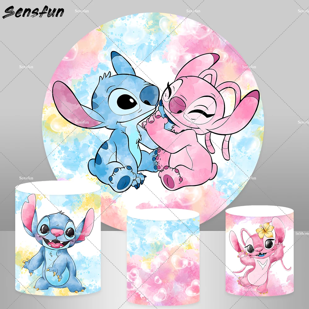 Lilo dos desenhos animados e Stitch Round Circle Backdrop Cover para Crianças, Baby Shower, Decoração de Festa, Gênero Revelar Fundo de Festa