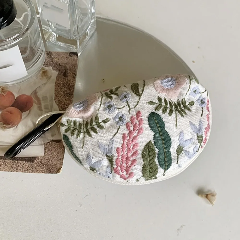 Simple Cute Embroidery Storage Bag Cotton Linen Korean Style Earphone Bag Card Holder Flower Small Cosmetic Bag Travel