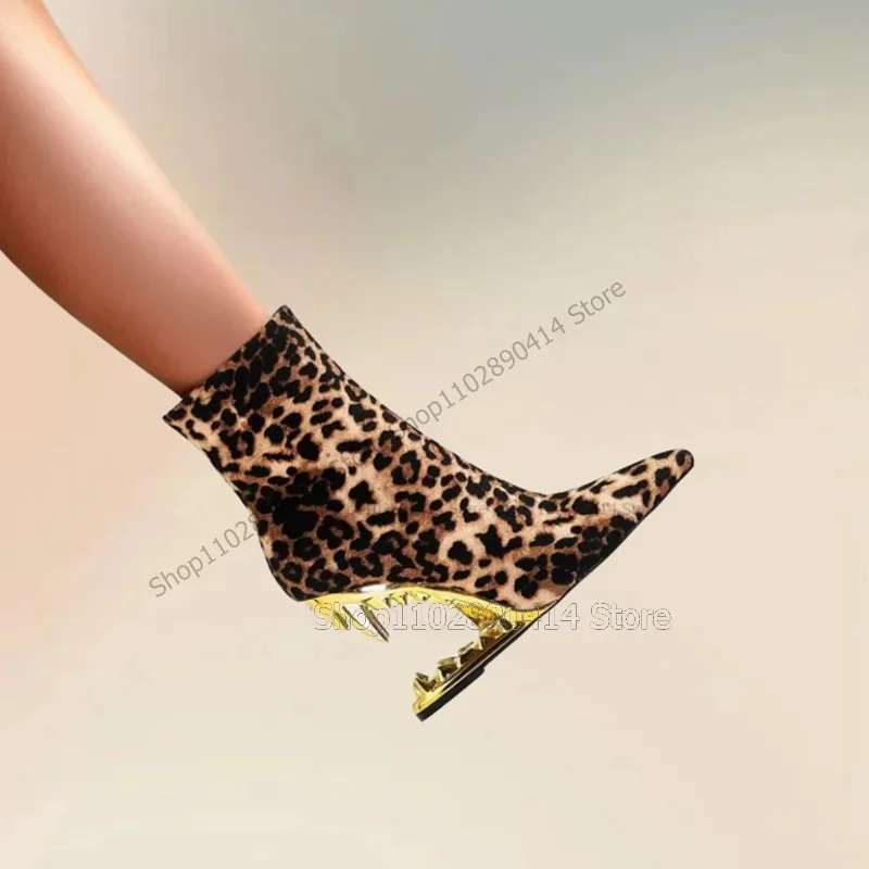 Leopard Print Strange Style Heels Boots Side Zipper Women Shoes Pointed Toe Fashion Party Feast Banquet 2024 Zapatos Para Mujere