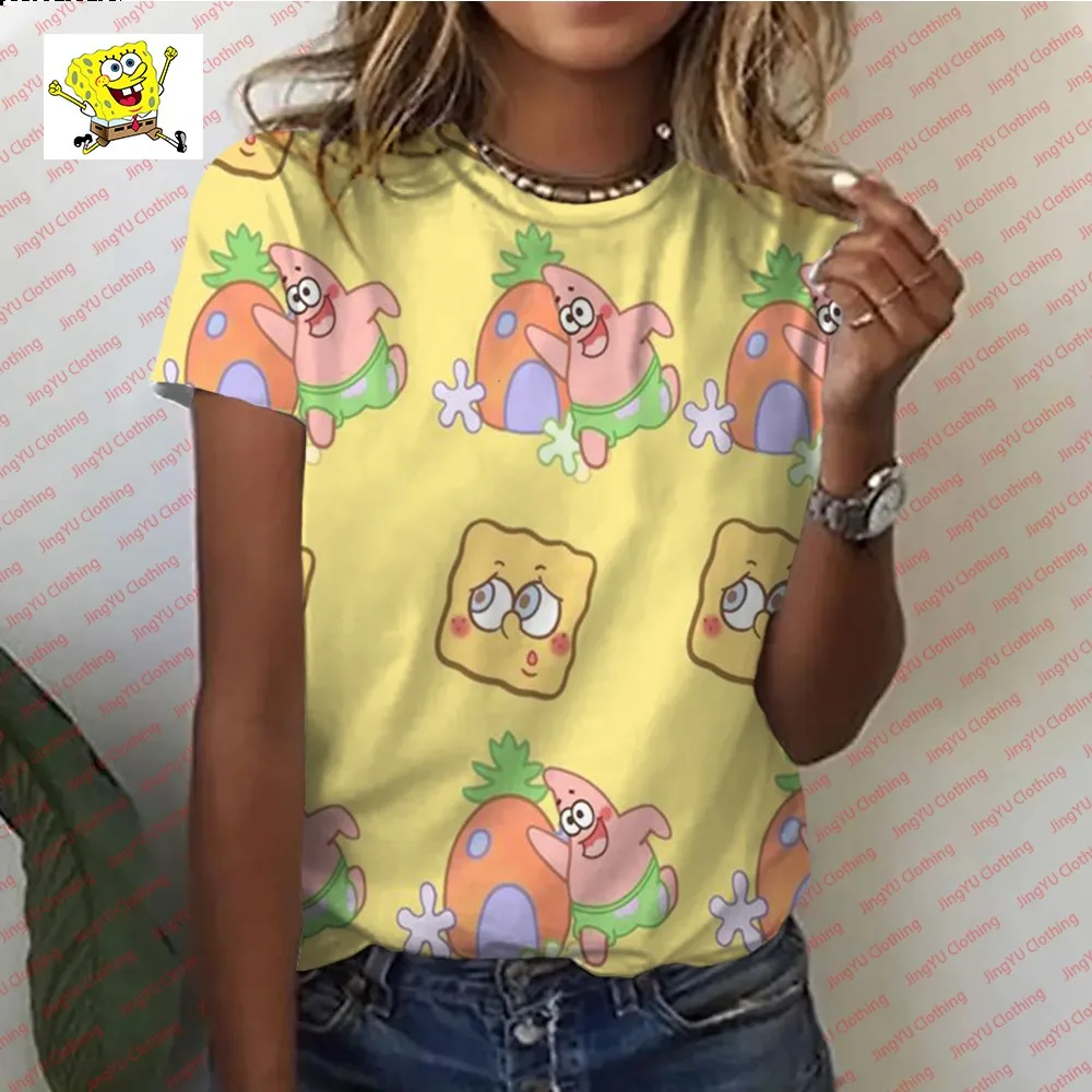 Street Harajuku 2023 summer new style youthful and cute Spongebob cartoon printed bottoming shirt women\'s round neck T-shirt y2k