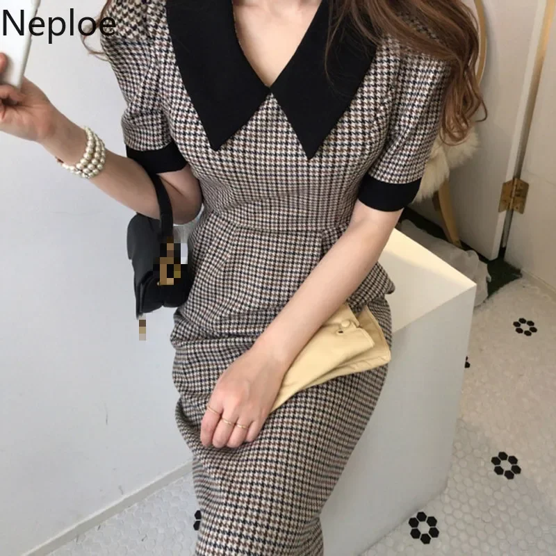 Neploe Korean Chic Contrast Color Patch Houndstooth Plaid Dress High Waist Hip Split Design Vestido Slim Fit Long Ropa New 49075