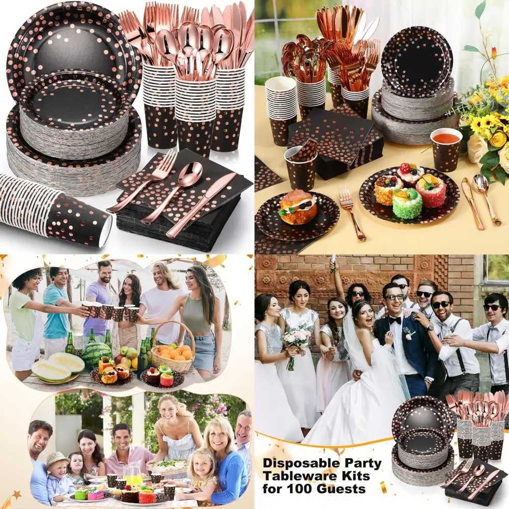 

Наборы столовой посуды черного и розового золота на 100, одноразовые принадлежности для вечеринок с тарелками, салфетками и чашками