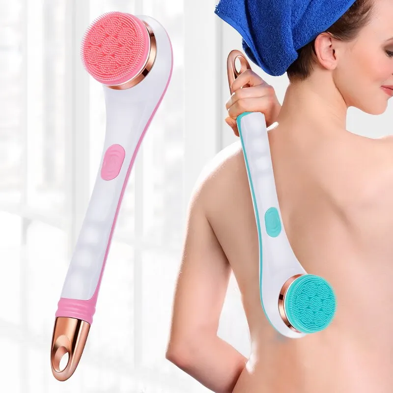 Silicone Bath Brush 4 in 1 Electric Back Scrubber 4 Brush Heads USB Rechargeable Rotating Shower Massager with 2 Speeds