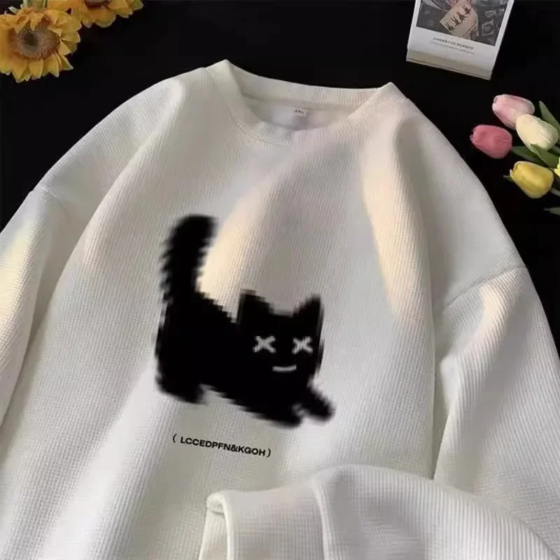 Streetwear Harajuku Waffle Cotton Kawaii Hoodies for Men O-Neck Oversized Sweatshirt Y2K Black Cat HIP HOP Punk Winter Clothes