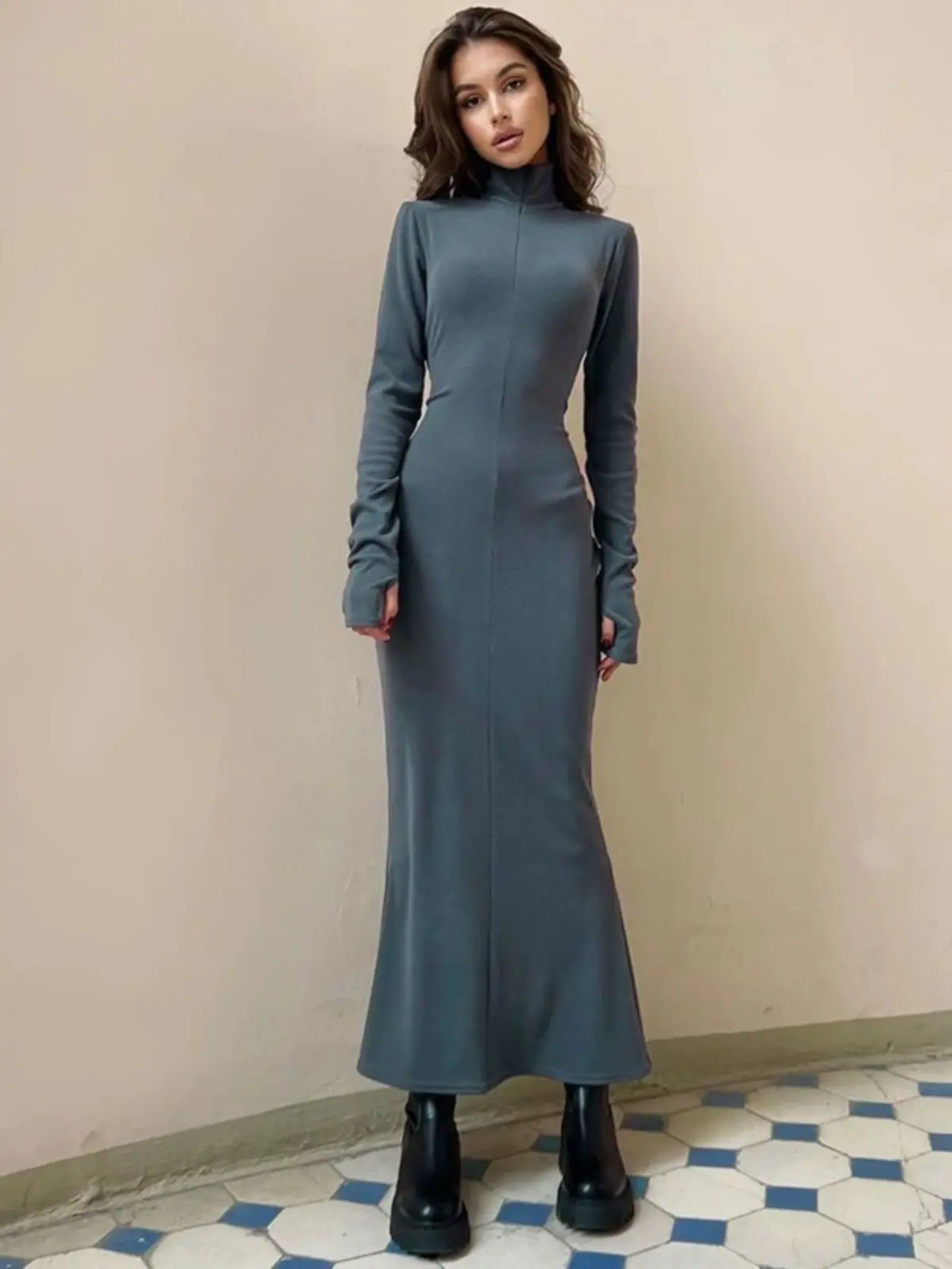 

Fashion Temperament Slim High Neck Long Sleeve Solid Colour Dress Winter Zip Niche Design Long Dress Women