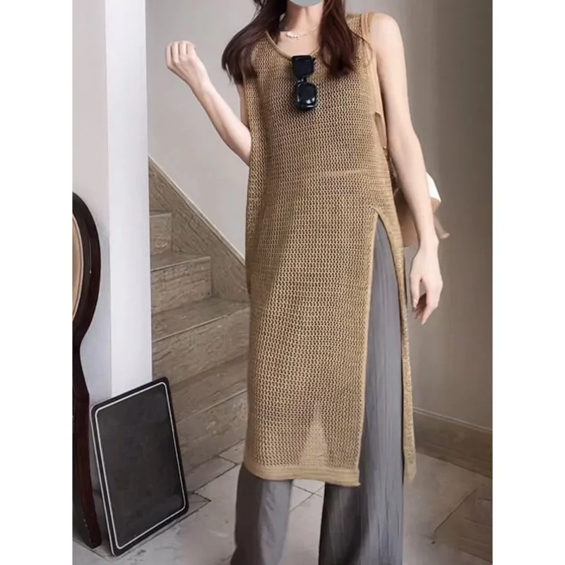 

Fashion Sleeveless Knitted Thin Women Cover Up O-neck Casual Loose Dress Hollow Out Split Blouse Elegant Summer Tops Long Shirts