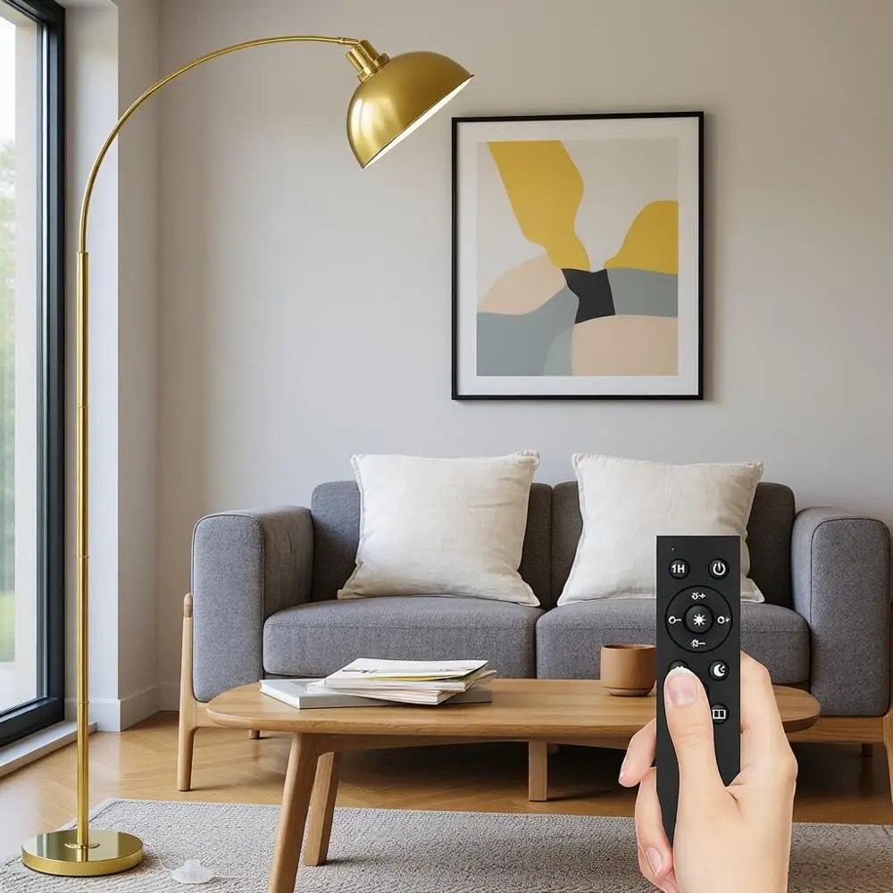 

Dimmable Gold Floor Lamp with Hanging Dome Shade, Over Couch Arched Reading Lamp for Bedroom or Office (Bulb Included)