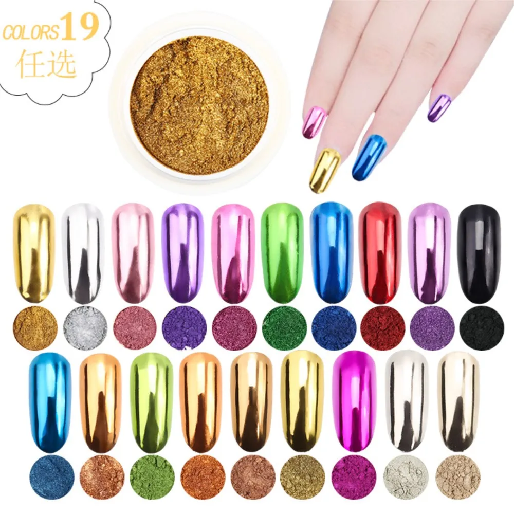 1Box 0.5g Metallic Mirror Effect Chrome Powder Nail Glitter Holographic Metallic Chrome Powder 19Colors Rubbing Pigment for Nail