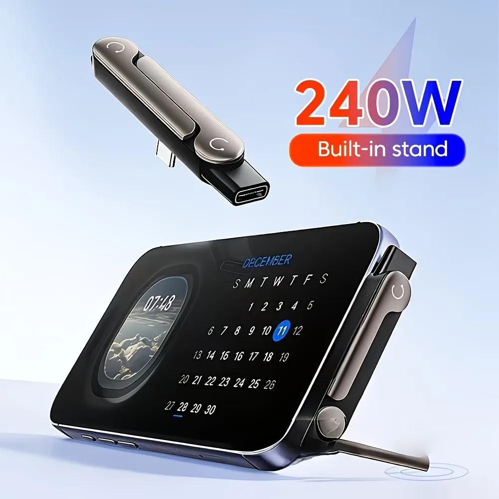 

240W Max Fast Charging USB-C Adapter 2-in-1 Folding Stand Type-C to Type-C Cable for iPhone 16 15 Samsung Xiaomi OPPO