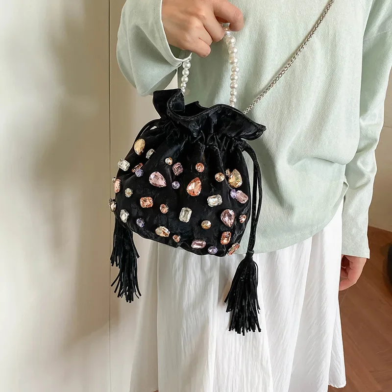 Fashion Rhinestone Tassel Bucket Handbags Women's High End Trend Drawstring Pearls Chains Messenger Bag Elegant Lady Party Bags