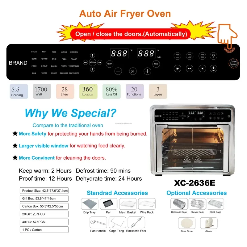 Multifunction Digital Touch Screen French Doors Horno Freidora De Aire Countertop Electric Air Fryer Toaster Convection Oven