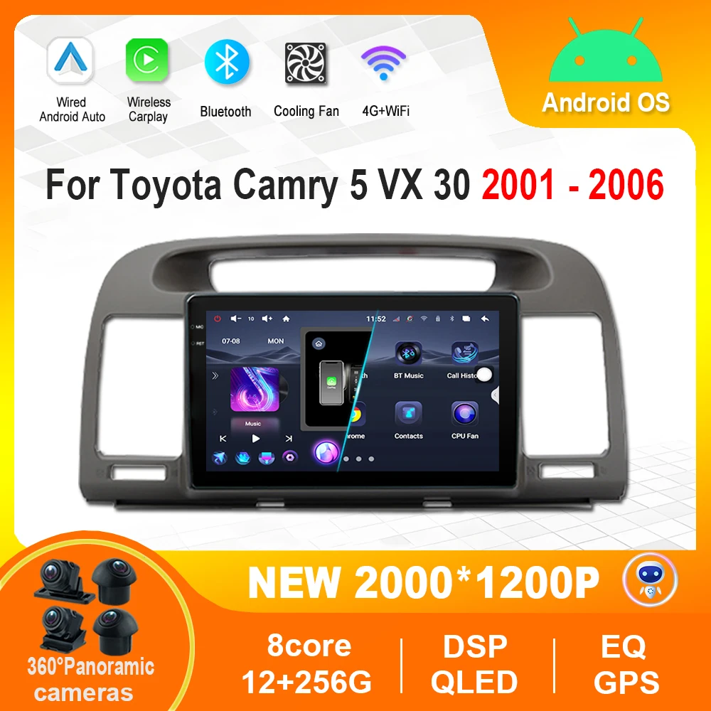 For Toyota Camry 5 VX 30 2001 - 2006 Cooling Fan Android Auto Car Radio Multimedia Player GPS 4G WiFi Bluetooh Tools HD Screen