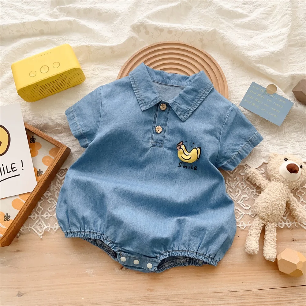 

Jenny&DaveBoys' summer soft denim jumpsuit for newborn babies, thin summer triangle romper, handsome, buttocks, crawling clothes