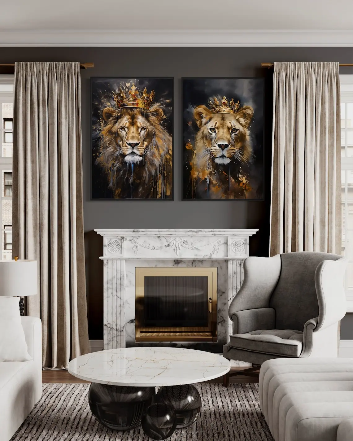 Lion King and Lioness Queen with Crown Black Gold Painting Canvas Painting Romantic Couple Bedroom Wall Art Poster for Home