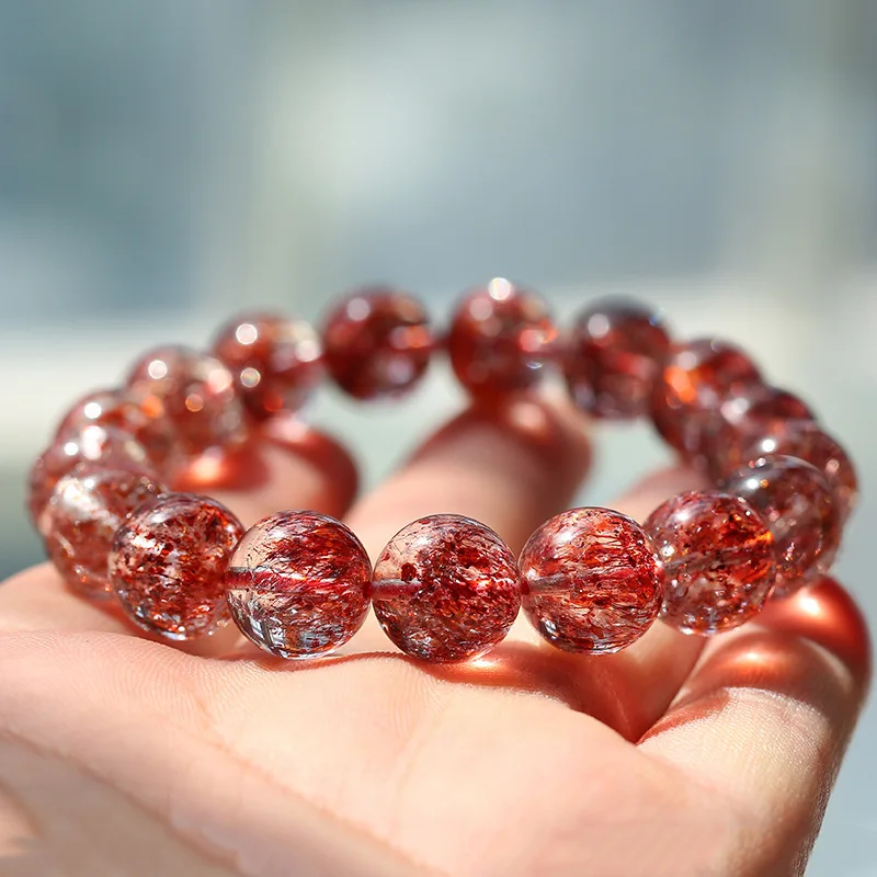 Natural Strawberry Quartz Pink Crystal Bracelet Three-round Backbone Purple Hair Crystal Bracelet Female Super Seven Smooth Hair