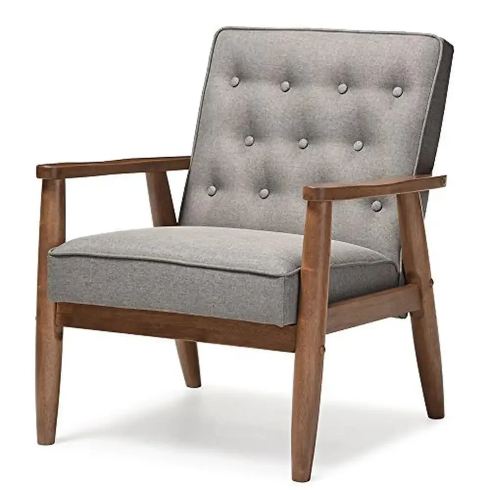 

Mid-Century Grey Brown Accent Chair 1-Seater with Button-Tufting and Removable Cushions Solid Back Splayed Legs 300lbs Limit