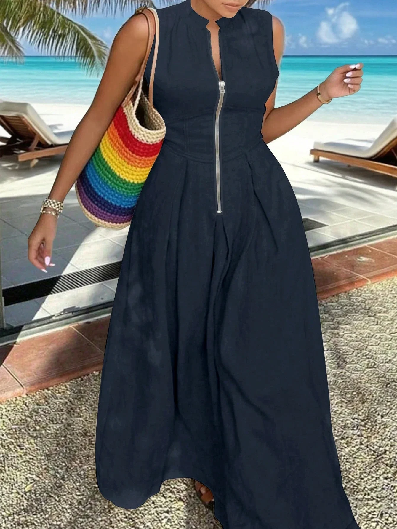 

Летнее женское макси-платье без рукавов с застежкой-молнией спереди