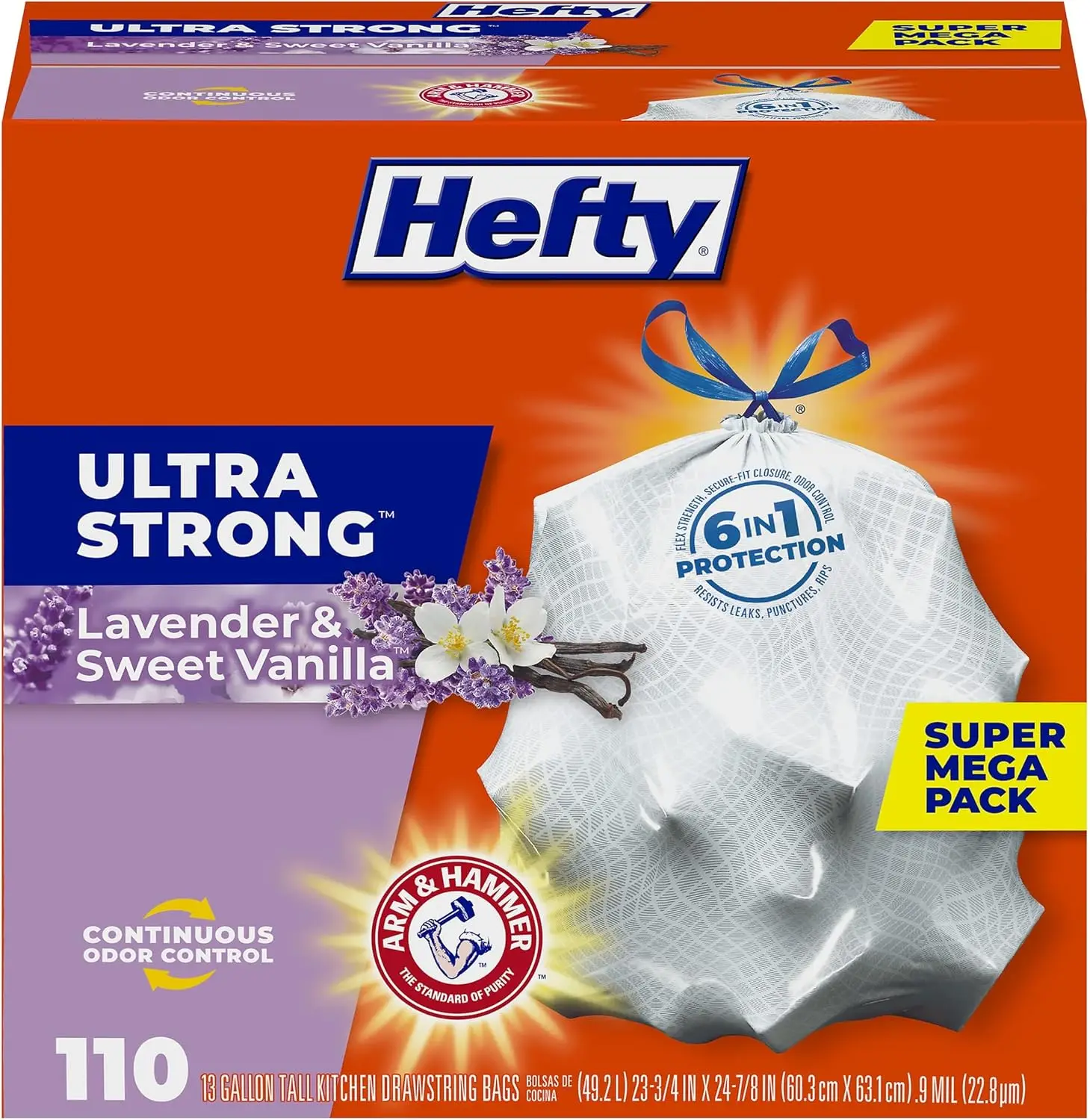 

13 Gallon Tall Kitchen Trash Bags, Drawstring Closure, Odor Control, 110 Count
