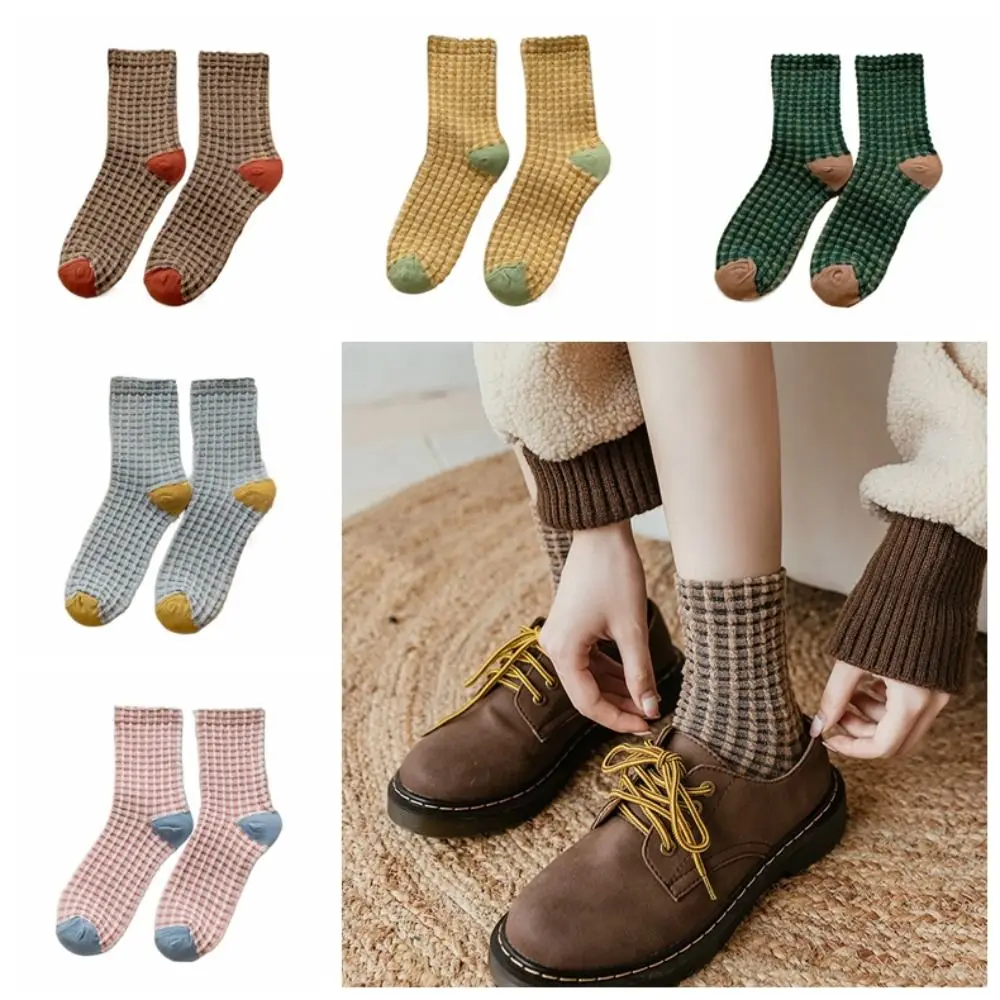 

5Pairs Harajuku Patchwork Checkered Cotton Socks Elastic Antiskid Women Tube Sock Plaid Socks Breathable Grids Socks Women