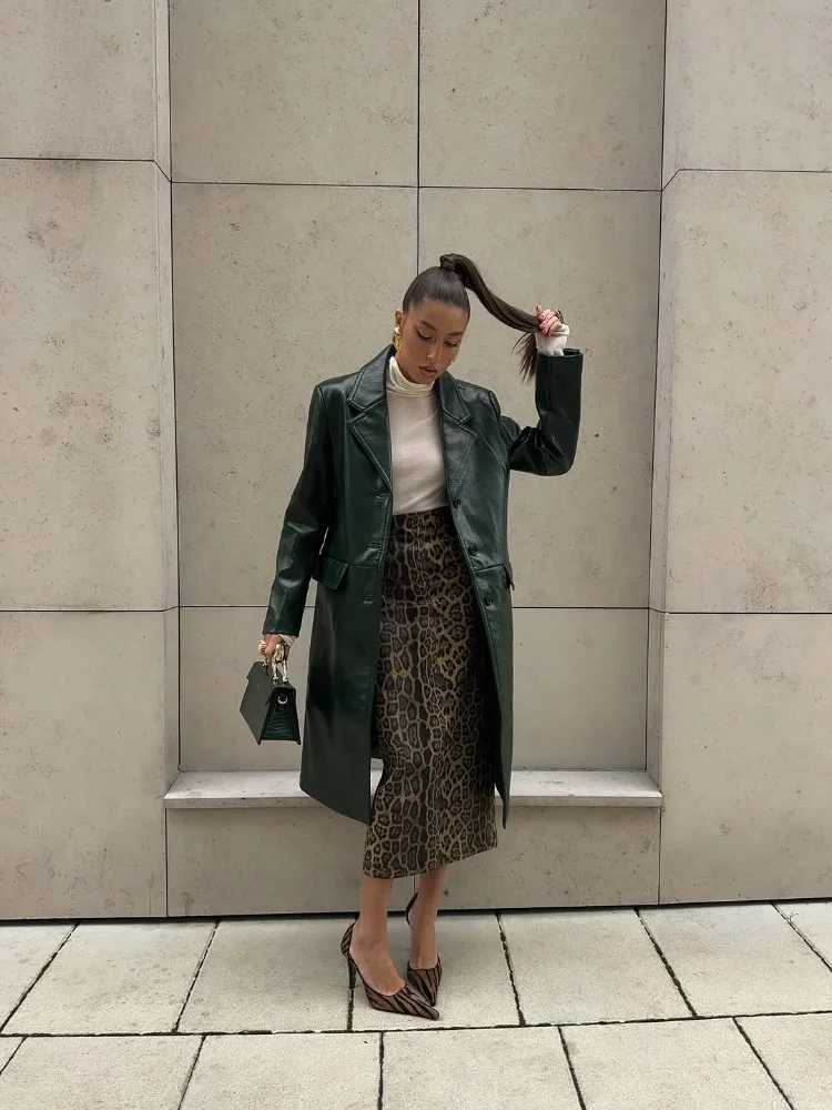 クラシックな無地ロングレザージャケット、シックなシングルブレスト、フルスリーブ、ラペルコート、春のエレガントなデイリー通勤ストリートコート、2026年新作